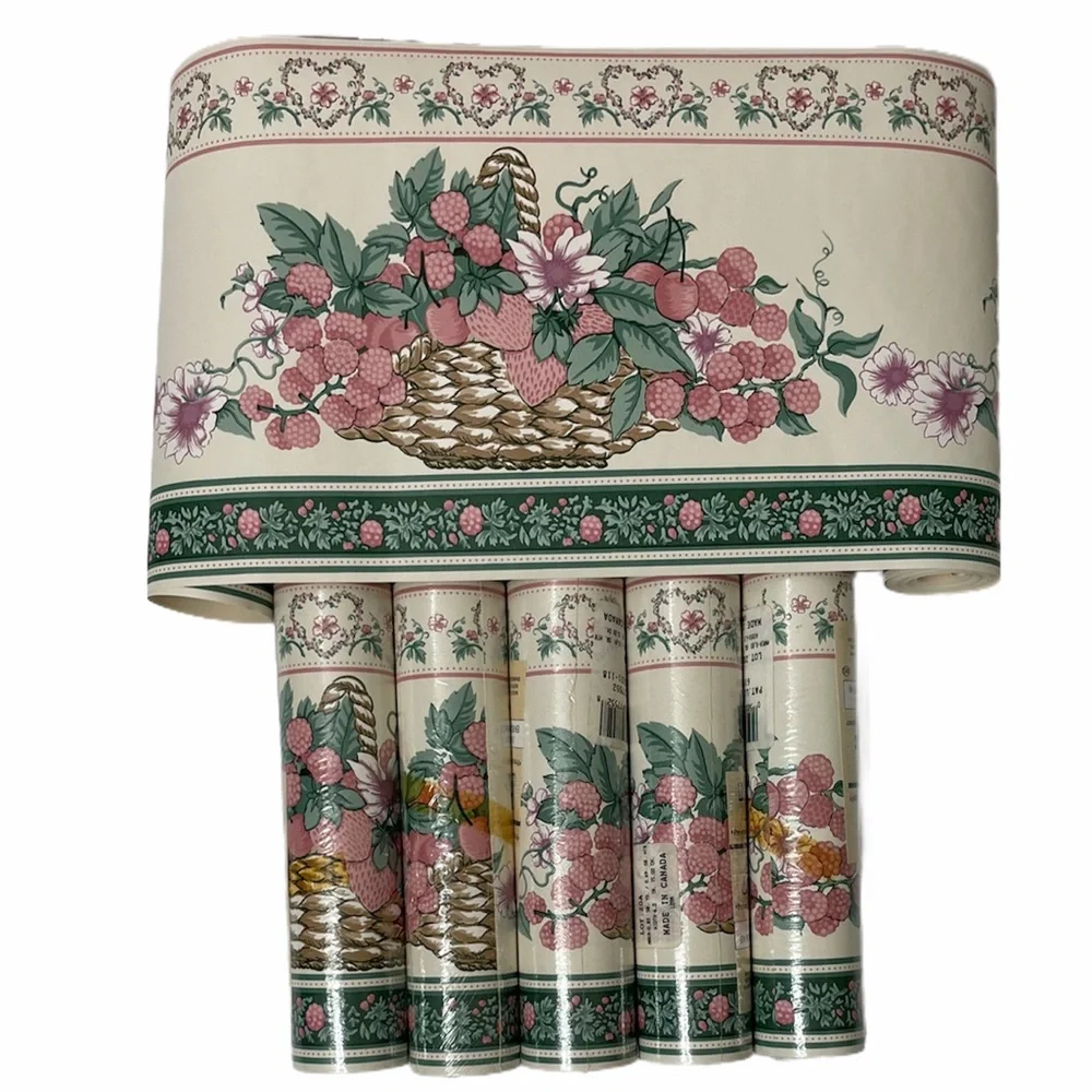 Wall Border Wallpaper Strawberry Floral Flowers Basket Farmhouse Cottage 6 Rolls